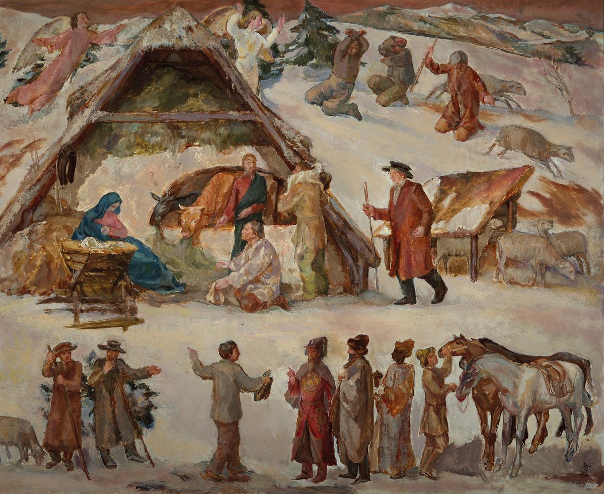 Wilhelm Schmidt, Maler aus der Passauer Region, vielfigurige Krippenszene, Öl/ Hartfaser, rechts unten monogr., ca. 65x80cm, R. ca. 74x89cm