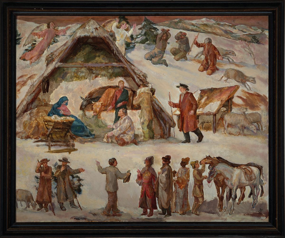 Detail k: Wilhelm Schmidt, Maler aus der Passauer Region, vielfigurige Krippenszene, Öl/ Hartfaser, rechts unten monogr., ca. 65x80cm, R. ca. 74x89cm