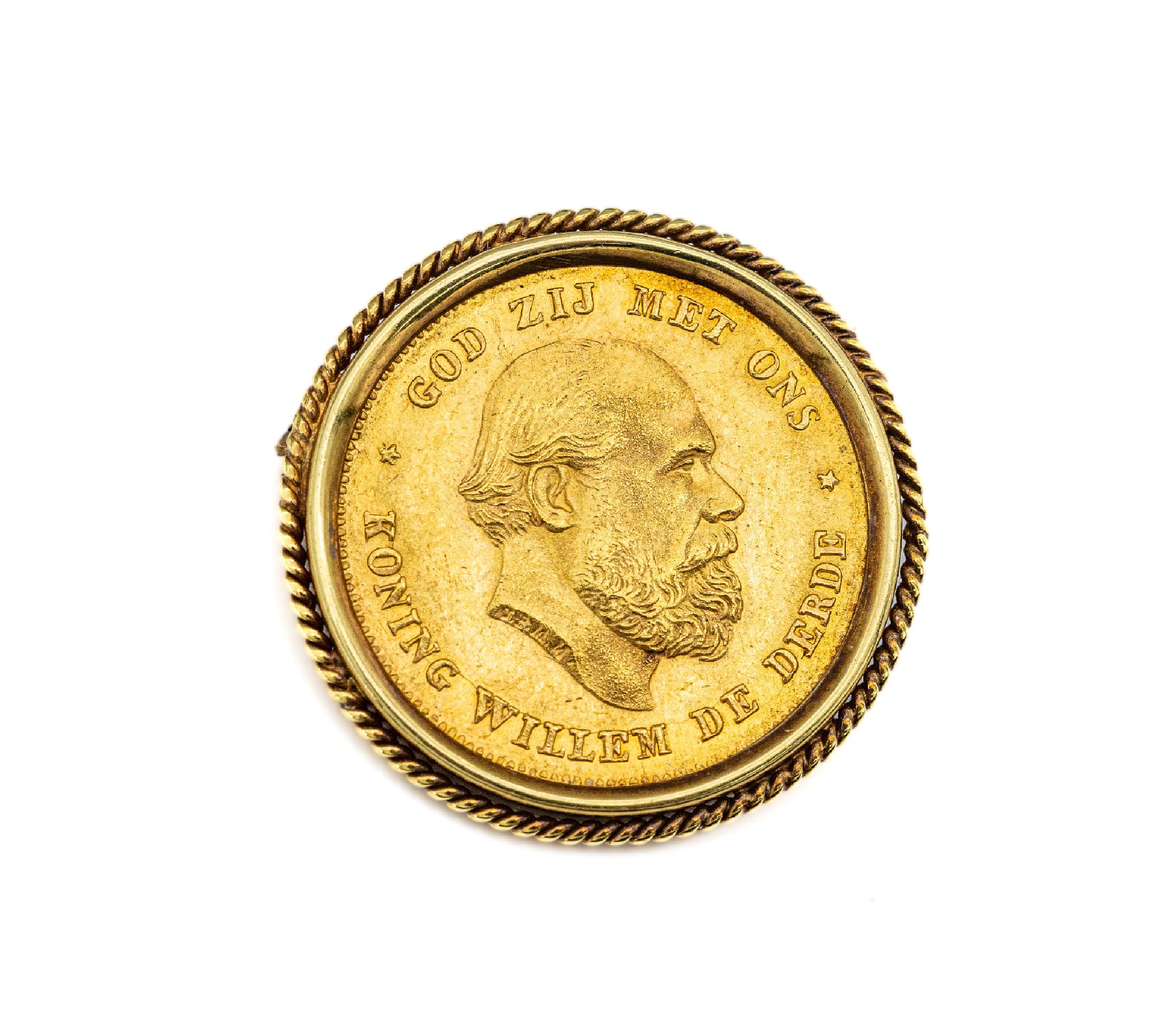 Goldmünzanhänger/Brosche 10 Gulden, Niederlande 1875, Koning Willem De Derde, God zij met ons, Koningrijk de Nederlanden, lose gefasst, ca. 9.3 g