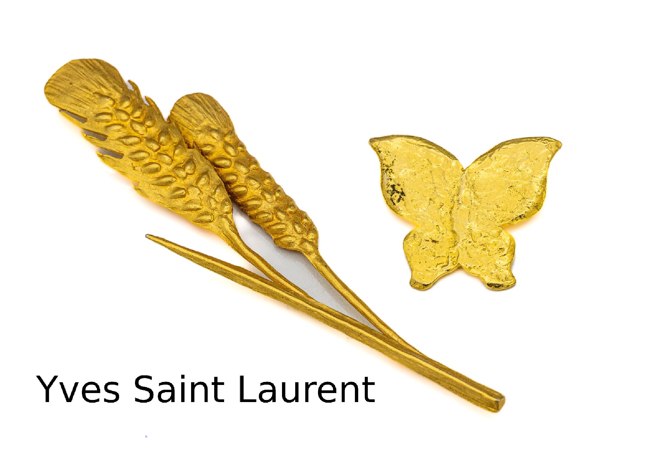 2 Broschen YVES SAINT LAURENT, Paris 1970er Jahre, Metall vergoldet, 1 x Schmetterling ca. 4.5 x 5 cm, 1 x 2 Ähren L. ca. 15.5 cm, jeweils rücks. ...