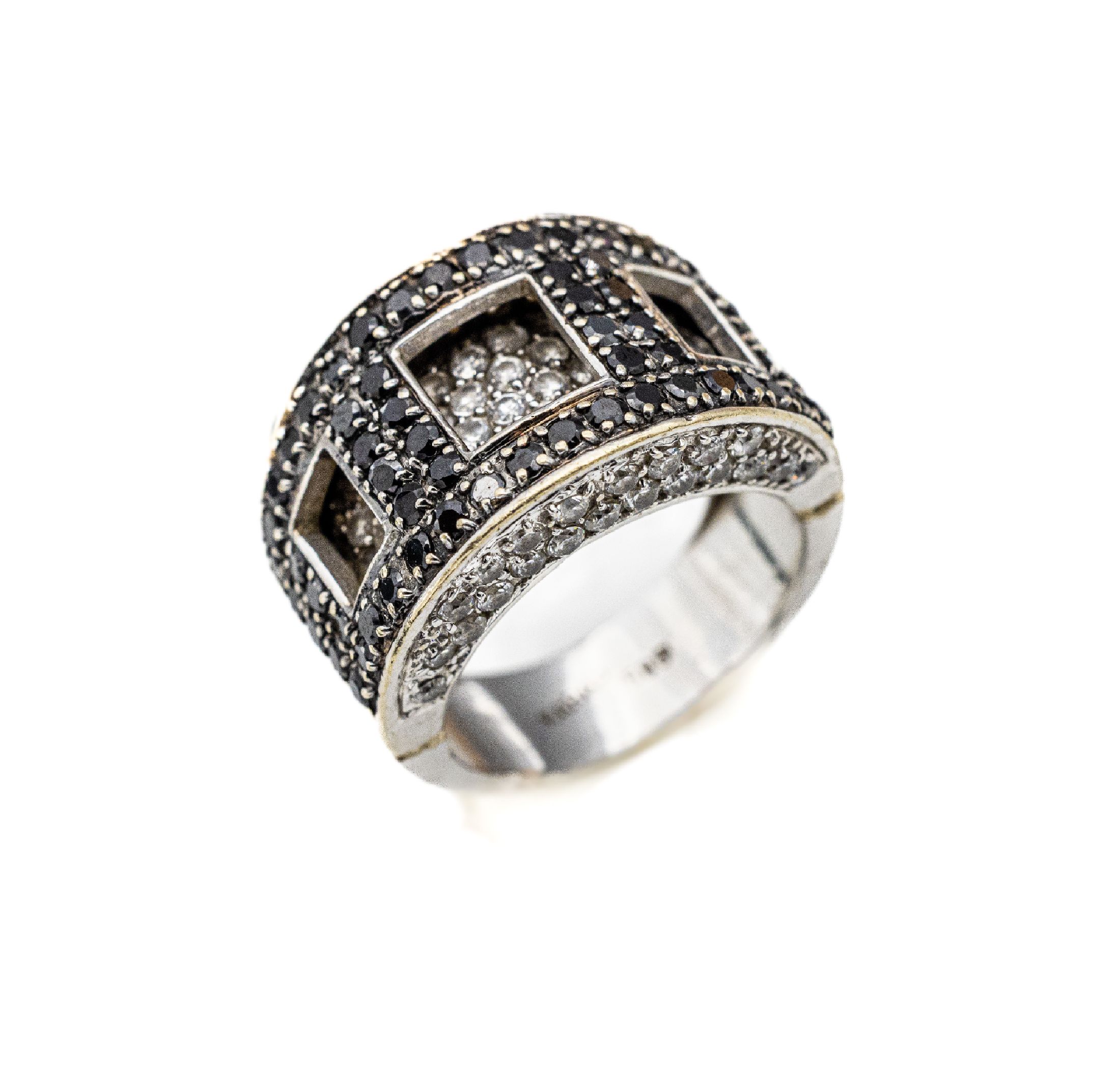 14 kt Gold Zirkon Ring, WG 585/000, in 2 Ebenen, schwarze und farblose rundfacett. Zirkone, RW 56, ca. 14.4 g