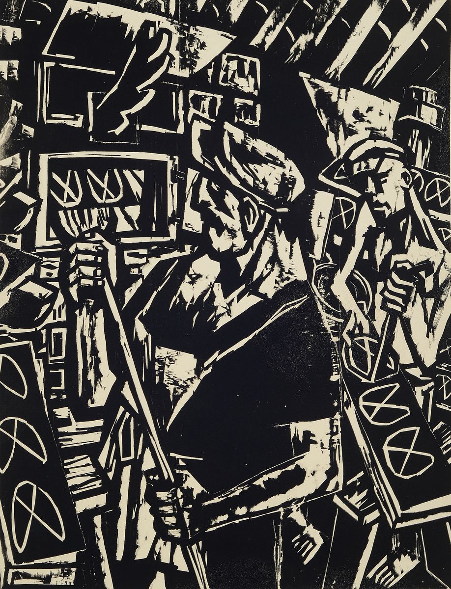 Karl Hubbuch, 1891-1979 Karlsruhe, zwei Holzschnitte, Brezelbäckerei (1952) und Paar Akte, verso je Nachlaßstempel, 53x39 / 50x44 cm