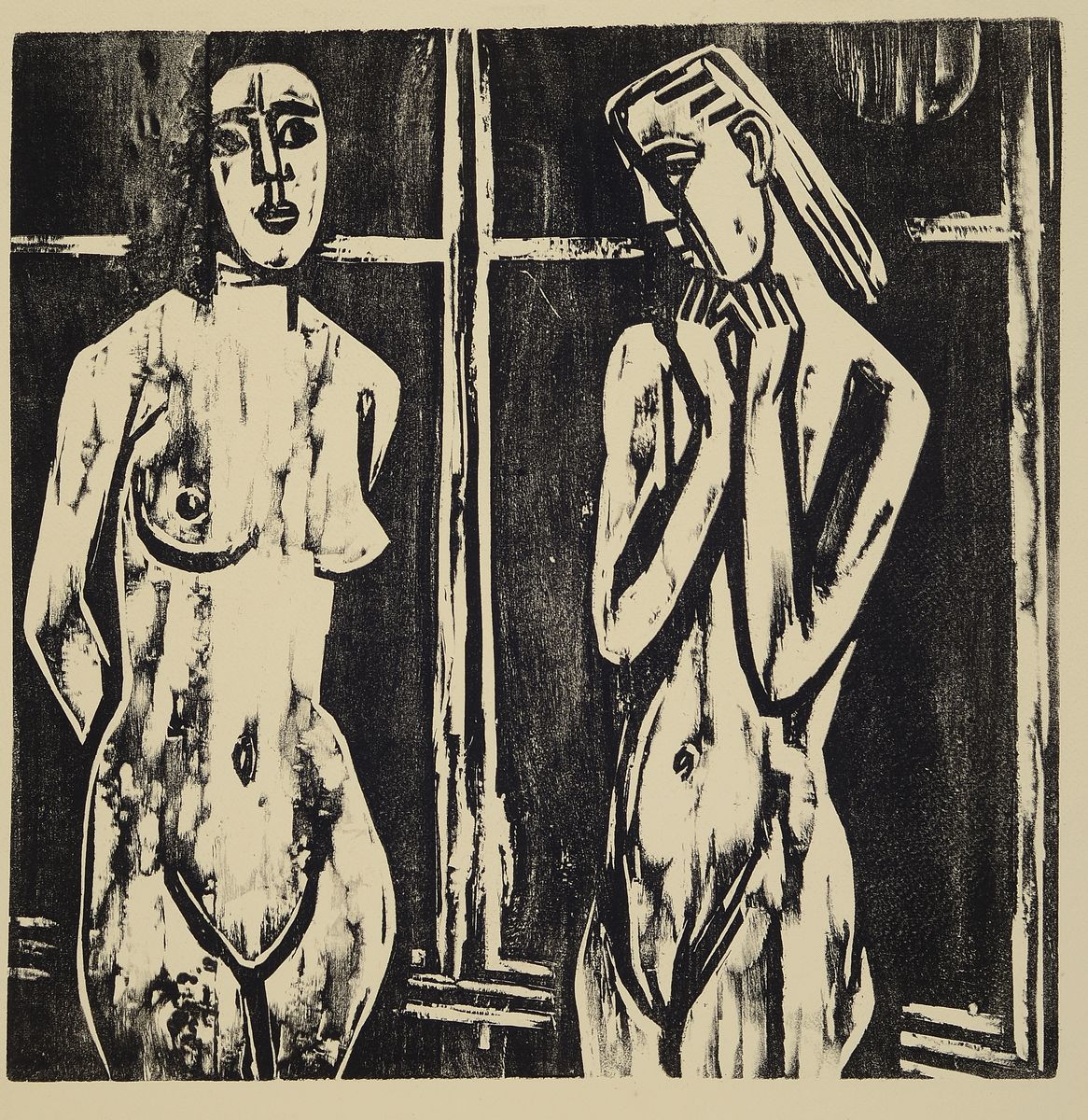 Detail a: Karl Hubbuch, 1891-1979 Karlsruhe, zwei Holzschnitte, Brezelbäckerei (1952) und Paar Akte, verso je Nachlaßstempel, 53x39 / 50x44 cm