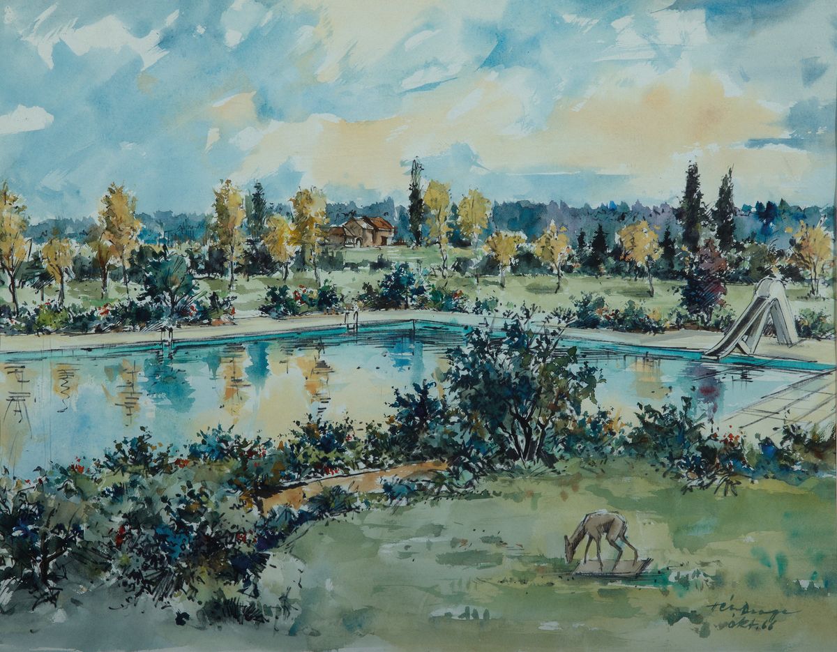 Heiner Deege, 1920-2007 Haßloch, Aquarell, pfälzer Landschaft mit Schwimmbecken, rechts unten signiert u. datiert Oct. 66, unter PP und Glas ...