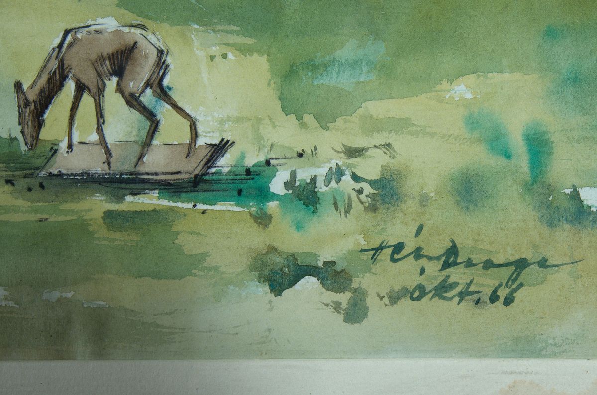 Detail a: Heiner Deege, 1920-2007 Haßloch, Aquarell, pfälzer Landschaft mit Schwimmbecken, rechts unten signiert u. datiert Oct. 66, unter PP und Glas ...