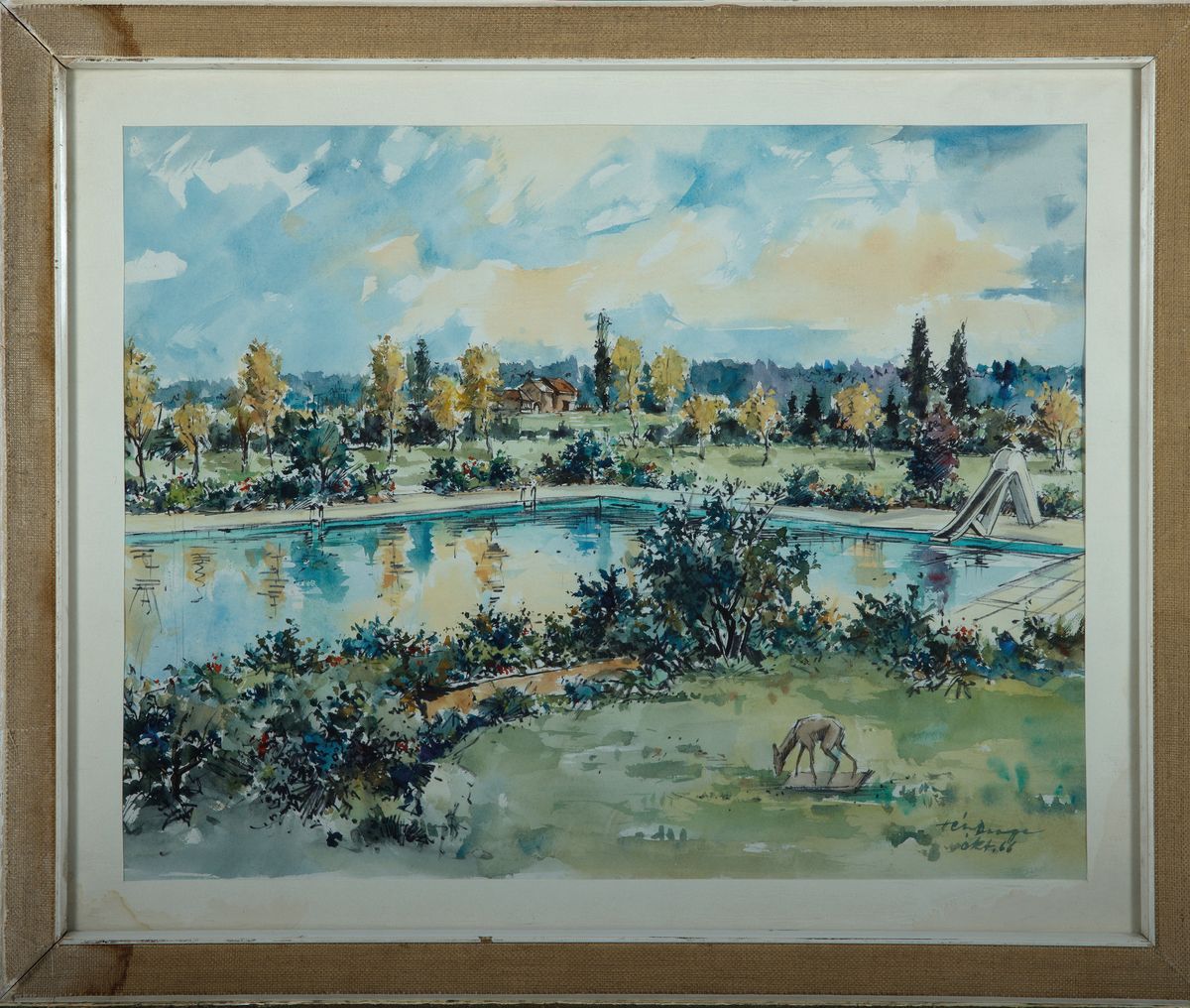 Detail k: Heiner Deege, 1920-2007 Haßloch, Aquarell, pfälzer Landschaft mit Schwimmbecken, rechts unten signiert u. datiert Oct. 66, unter PP und Glas ...