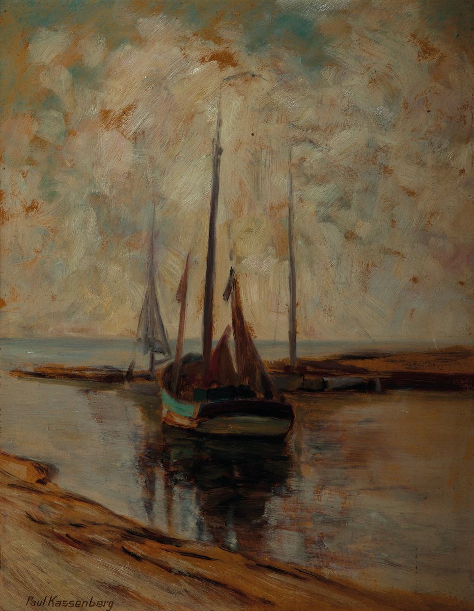 Paul Kassenberg, deutscher Künstler um 1900,Hafenszene, vor Anker liegendes Segelschiff, links unten signiert, Öl/Holz, 2010 gereinigt,Goldrahmen ...