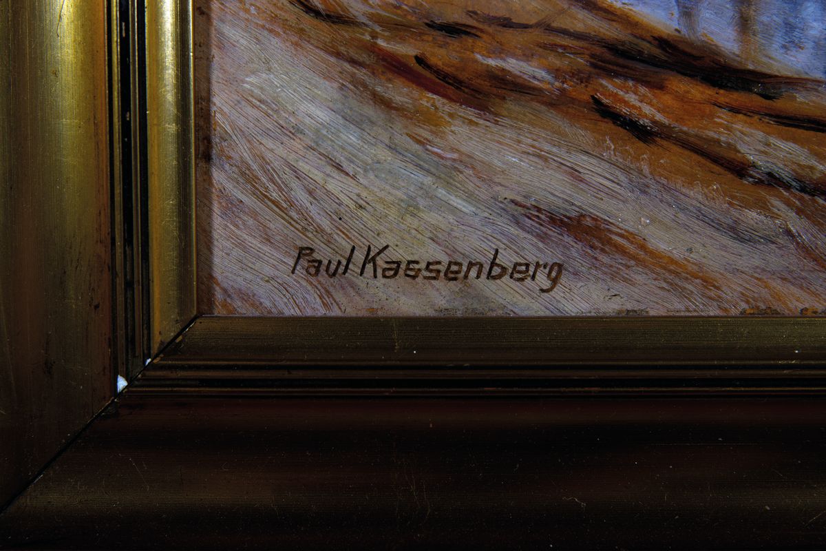 Detail a: Paul Kassenberg, deutscher Künstler um 1900,Hafenszene, vor Anker liegendes Segelschiff, links unten signiert, Öl/Holz, 2010 gereinigt,Goldrahmen ...