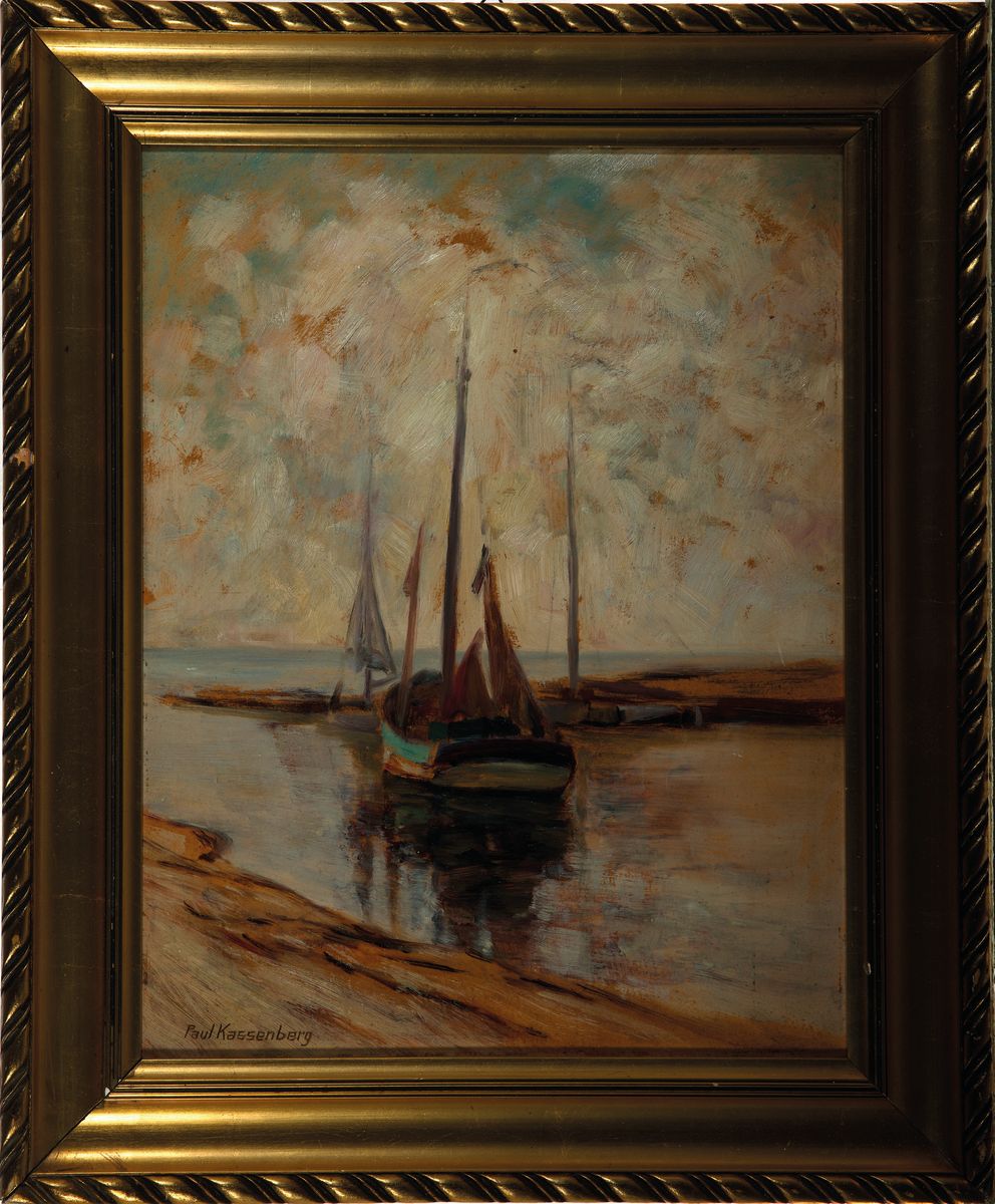 Detail k: Paul Kassenberg, deutscher Künstler um 1900,Hafenszene, vor Anker liegendes Segelschiff, links unten signiert, Öl/Holz, 2010 gereinigt,Goldrahmen ...