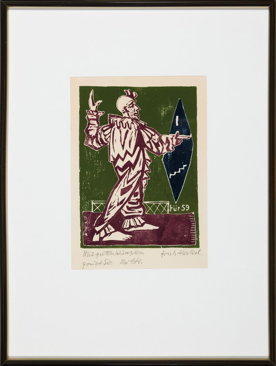 Detail k: Erich Heckel, 1833 Döbeln-1970 Radolfzell, Farbholzschnitt, 28. Jahresblatt, für 1959, Clown im Spiegel, bez. "Mit guten Wünschen...", ...