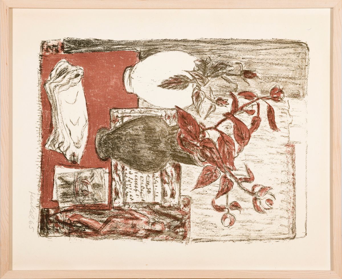 Detail k: Erich Heckel, 1883 Döbeln-1970 Radolfzell, Farblithographie, Stillleben in braun und rot,1965, signiert u. datiert, ca. 60x49 cm, unterGlas gerahmt, ...