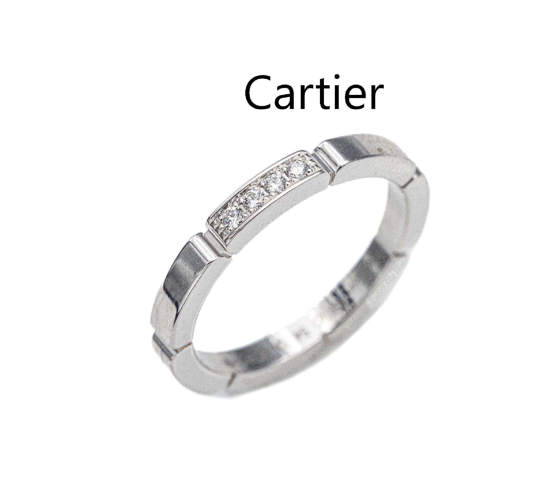 18 kt Gold CARTIER Brillant-Ring, WG 750/000, aus der Serie Lanieres, 4 Brillanten zus. ca. 0.08n ct feines Weiß/vs, RW 53, ca. 4.3 g, sign., RW ...