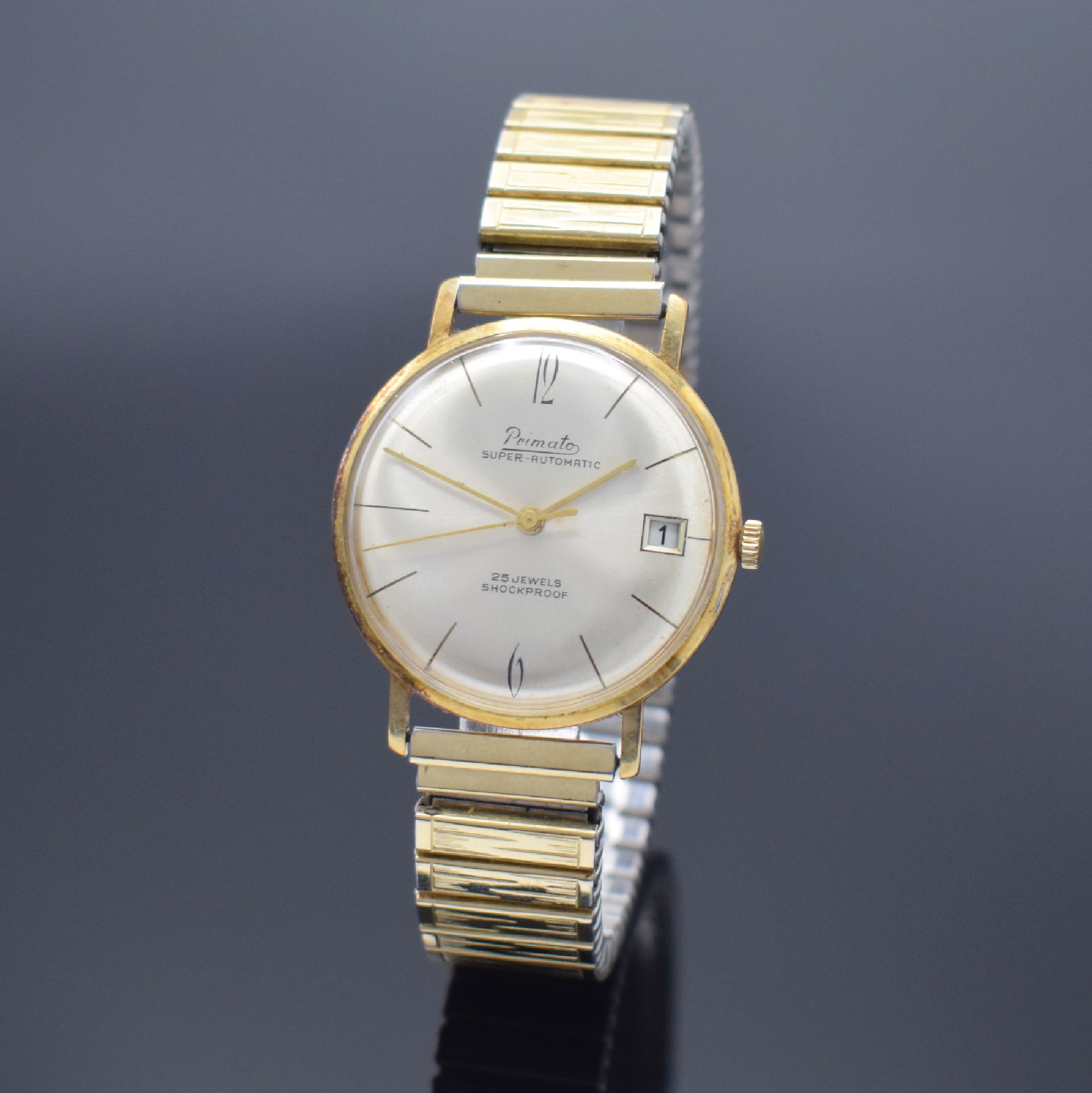 PRIMATO Armbanduhr in GG 585/000, Automatik, Deutschland um 1965, Boden aufgedr., verg. Fixo-Flex-Band, Zentralsek., Datum, 25 St., Zentralrotor, ...