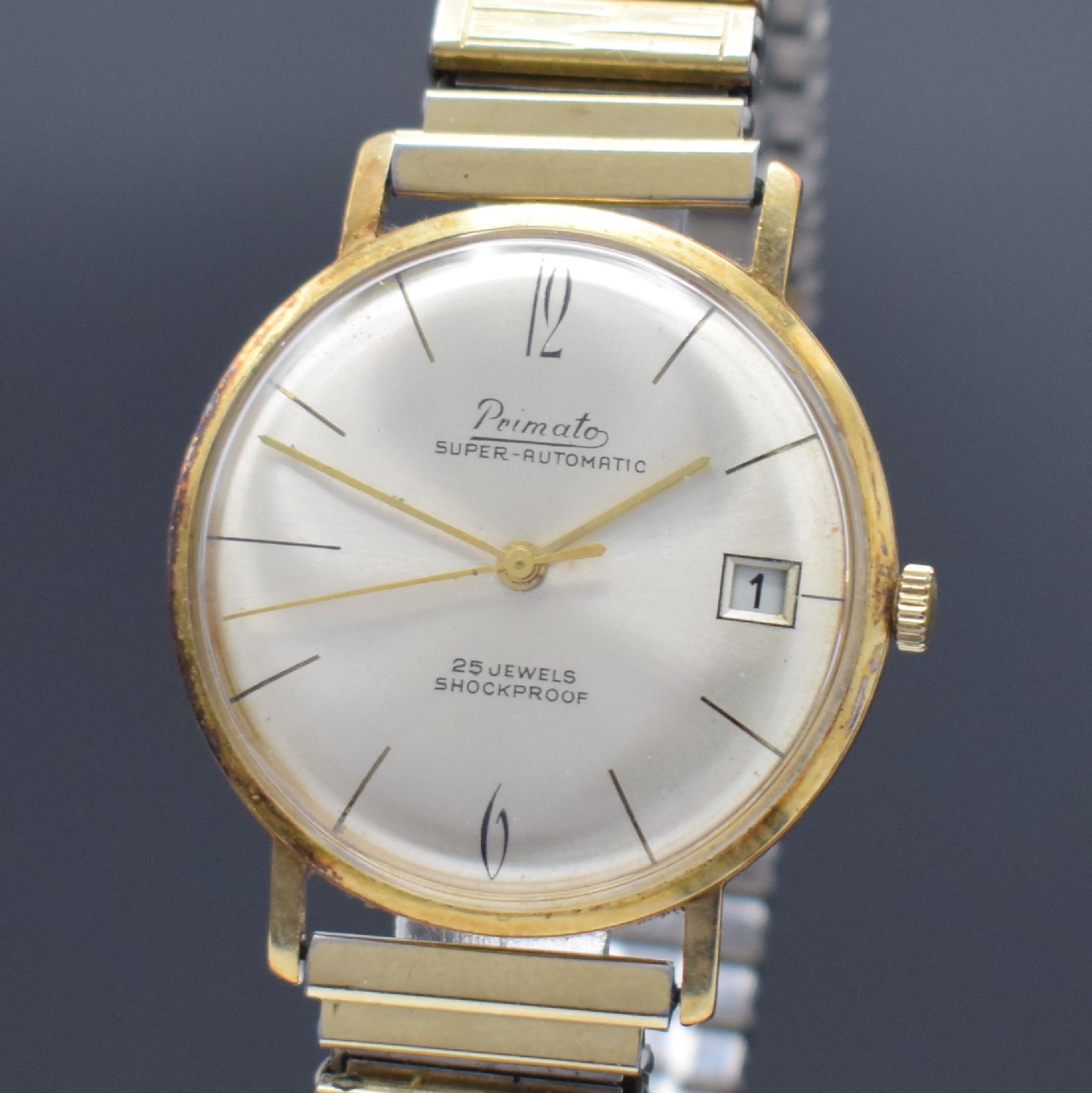 Detail a: PRIMATO Armbanduhr in GG 585/000, Automatik, Deutschland um 1965, Boden aufgedr., verg. Fixo-Flex-Band, Zentralsek., Datum, 25 St., Zentralrotor, ...