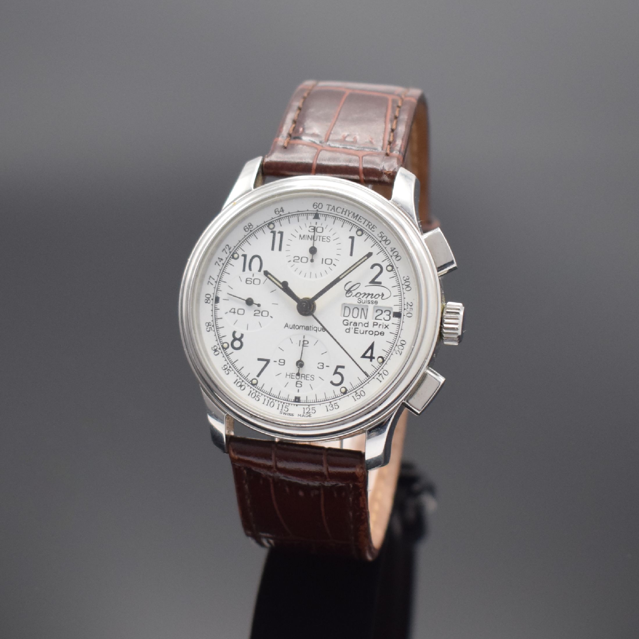 COMOR Armbandchronograph Modell "Grand Prix d'Europe", Automatik, Schweiz um 1995, Sonderauflage in Edelstahl, Boden aufgedr., ...