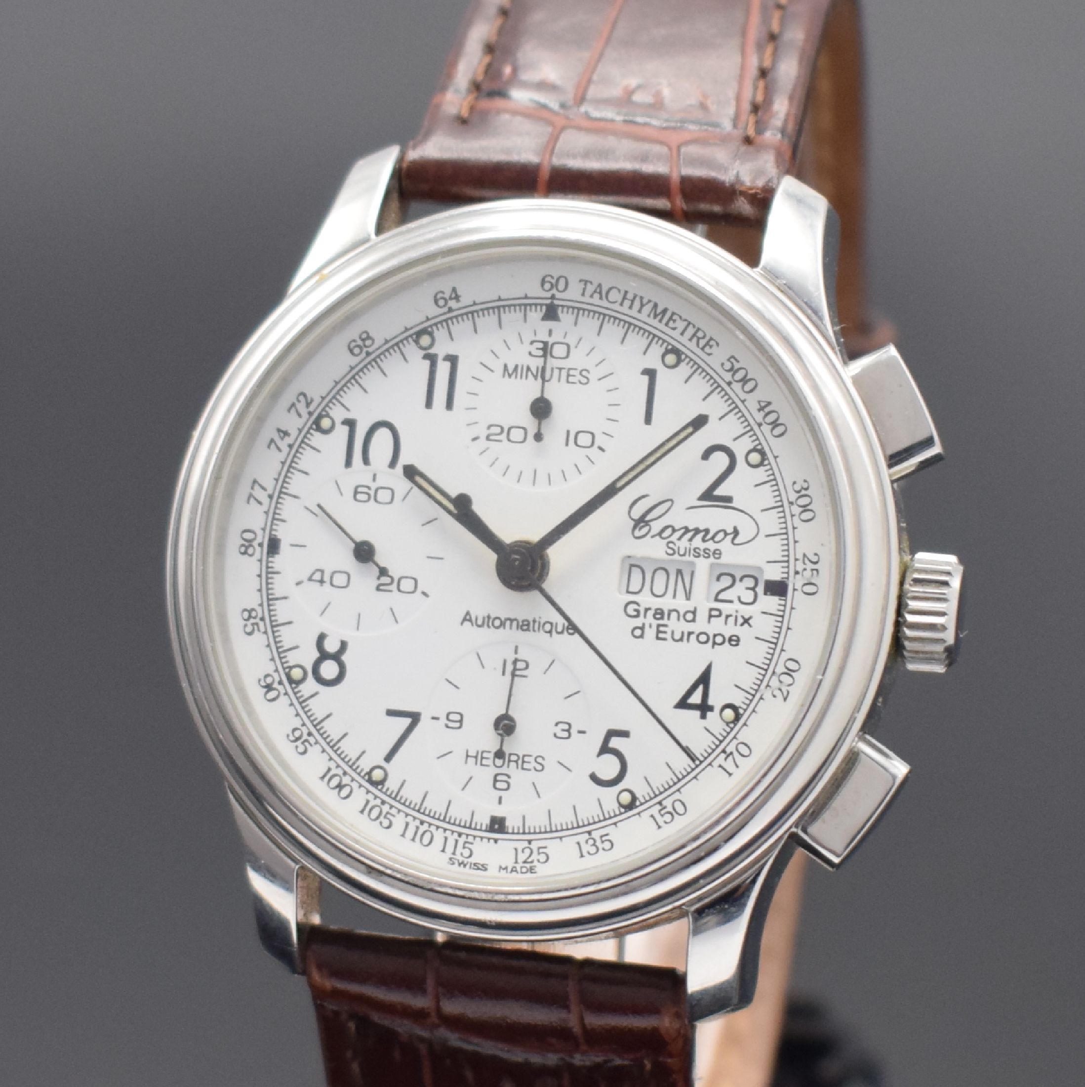 Detail a: COMOR Armbandchronograph Modell "Grand Prix d'Europe", Automatik, Schweiz um 1995, Sonderauflage in Edelstahl, Boden aufgedr., ...