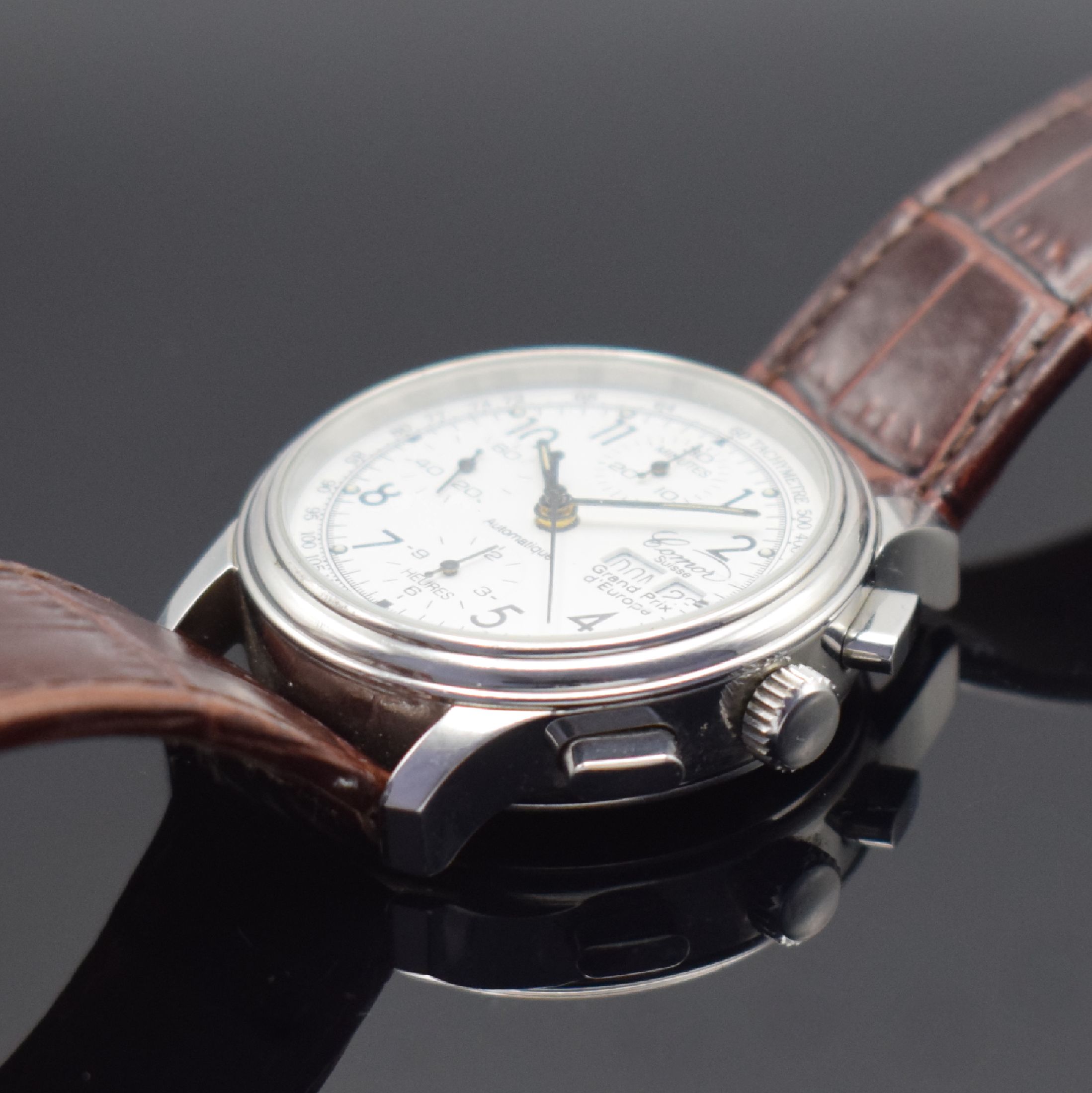 Detail b: COMOR Armbandchronograph Modell "Grand Prix d'Europe", Automatik, Schweiz um 1995, Sonderauflage in Edelstahl, Boden aufgedr., ...