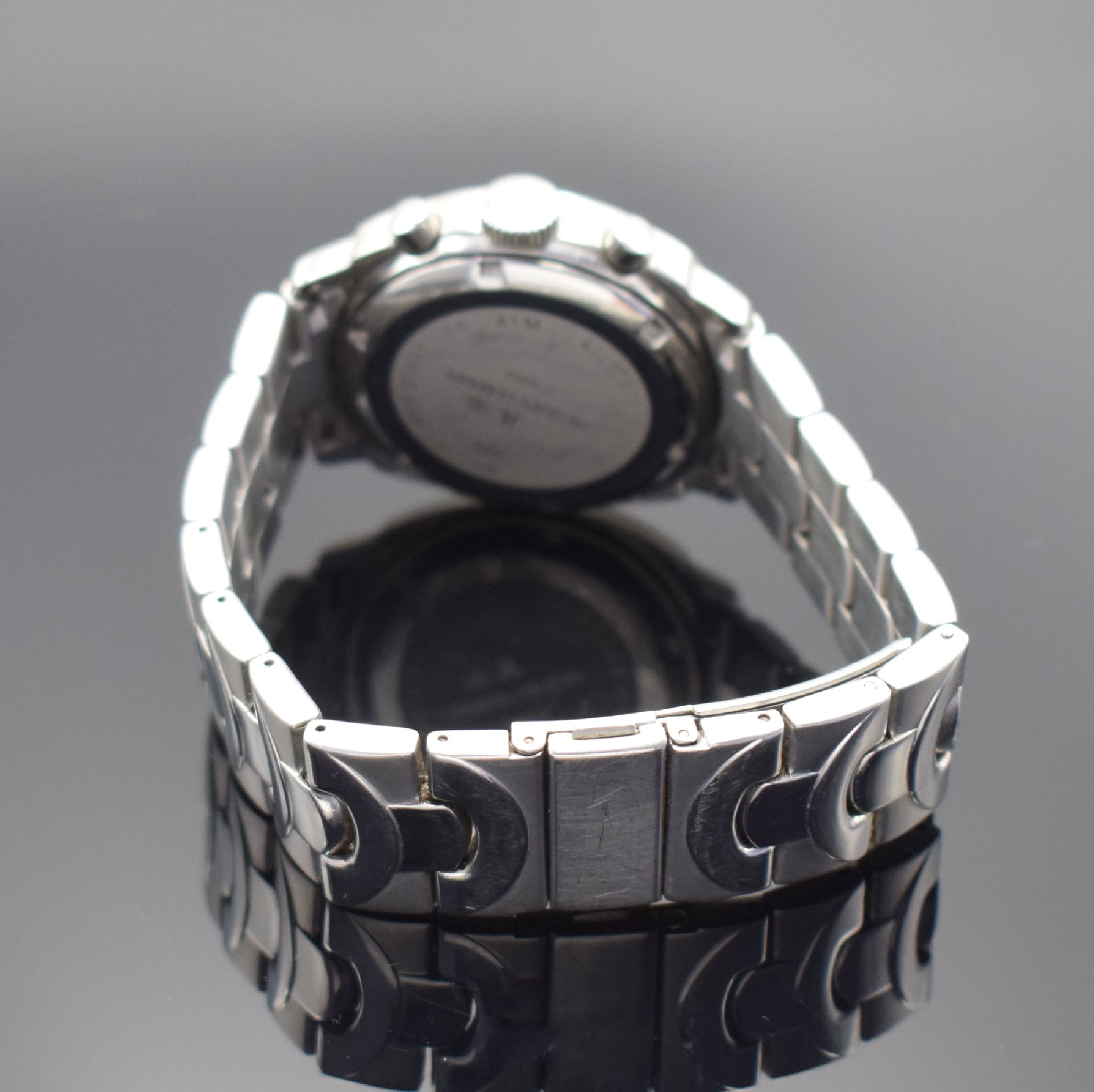 Detail b: JACQUES LEMANS Armbandchronograph Referenz 1- 1084, Schweiz um 2010, quarz, kissenförmiges Edelstahlgeh. inkl. orig. Gliederband m. Faltschl., Boden ...