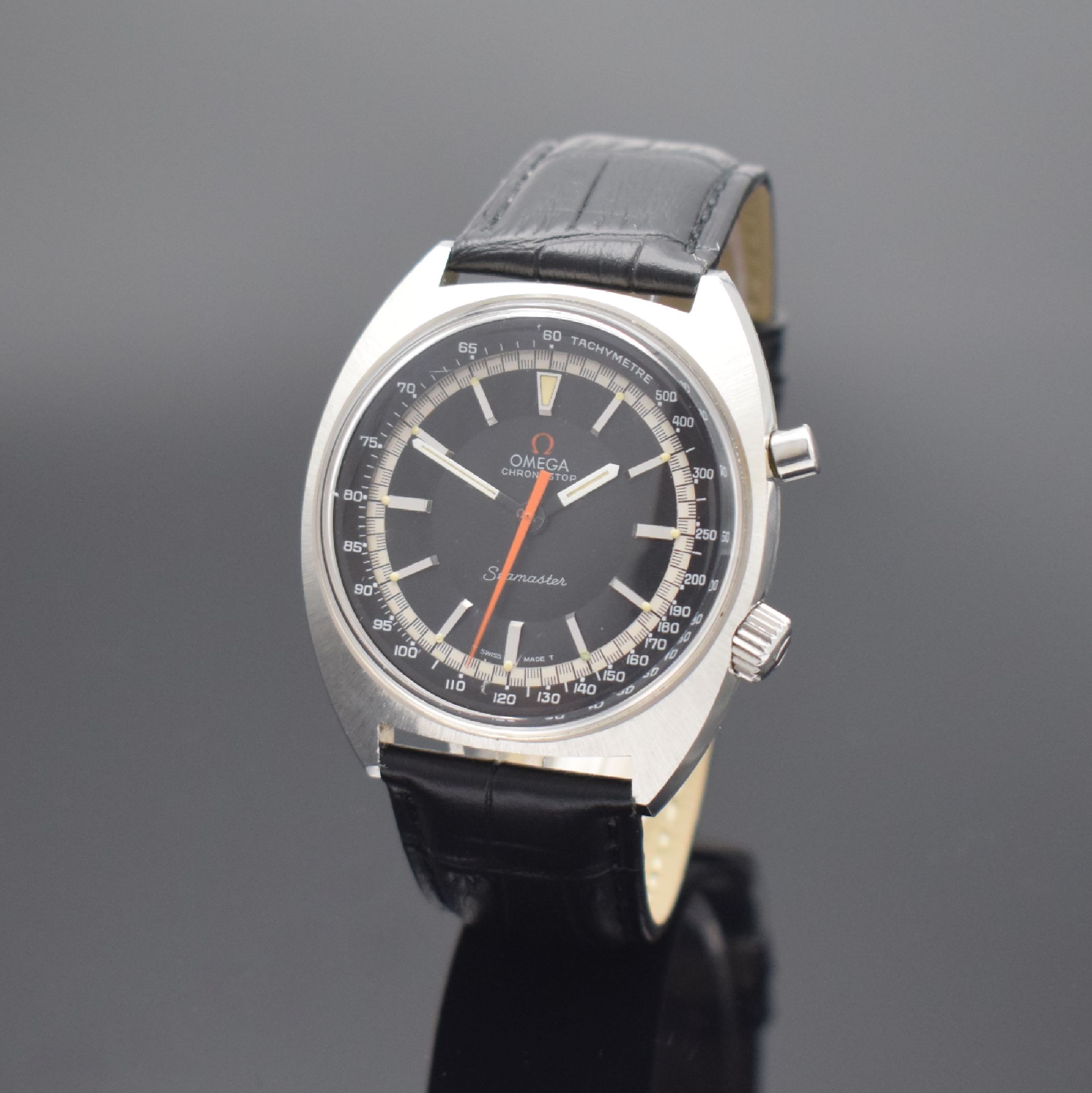 OMEGA Seamaster Chronostop große Herrenarmbanduhr 41 mm Referenz 145.007, Schweiz um 1969, Handaufzug, Boden geschr., schwarzes Zifferbl. m. aufges. ...