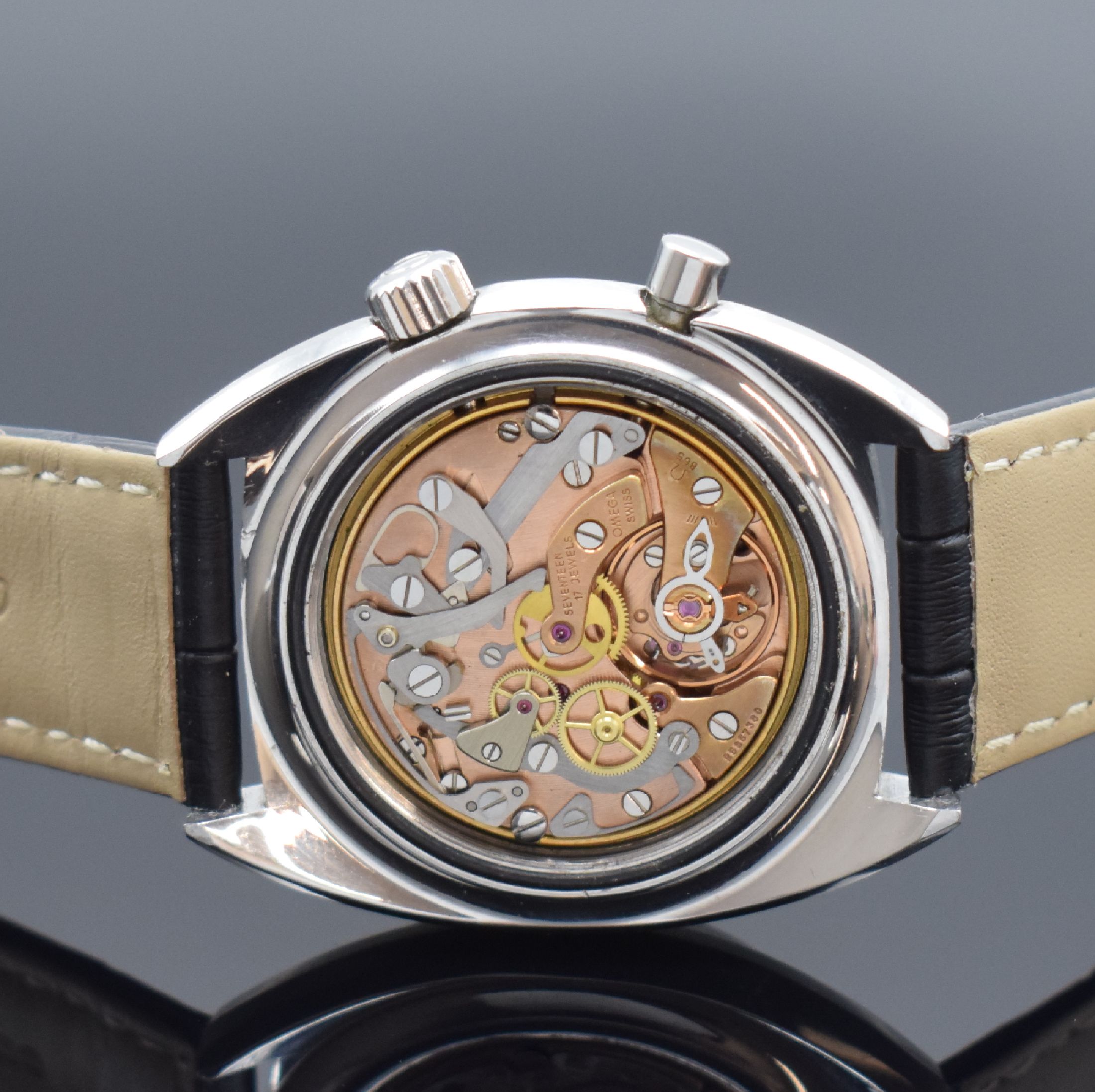 Detail d: OMEGA Seamaster Chronostop große Herrenarmbanduhr 41 mm Referenz 145.007, Schweiz um 1969, Handaufzug, Boden geschr., schwarzes Zifferbl. m. aufges. ...