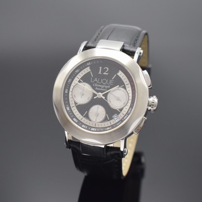 Image 26561233 - LALIQUE gents wristwatch with chronograph, self winding, two-piece construction screwed down case, glazed case back, black dial with applied hour-indices, white hands, date, diameter approx. 40 mm, condition 2