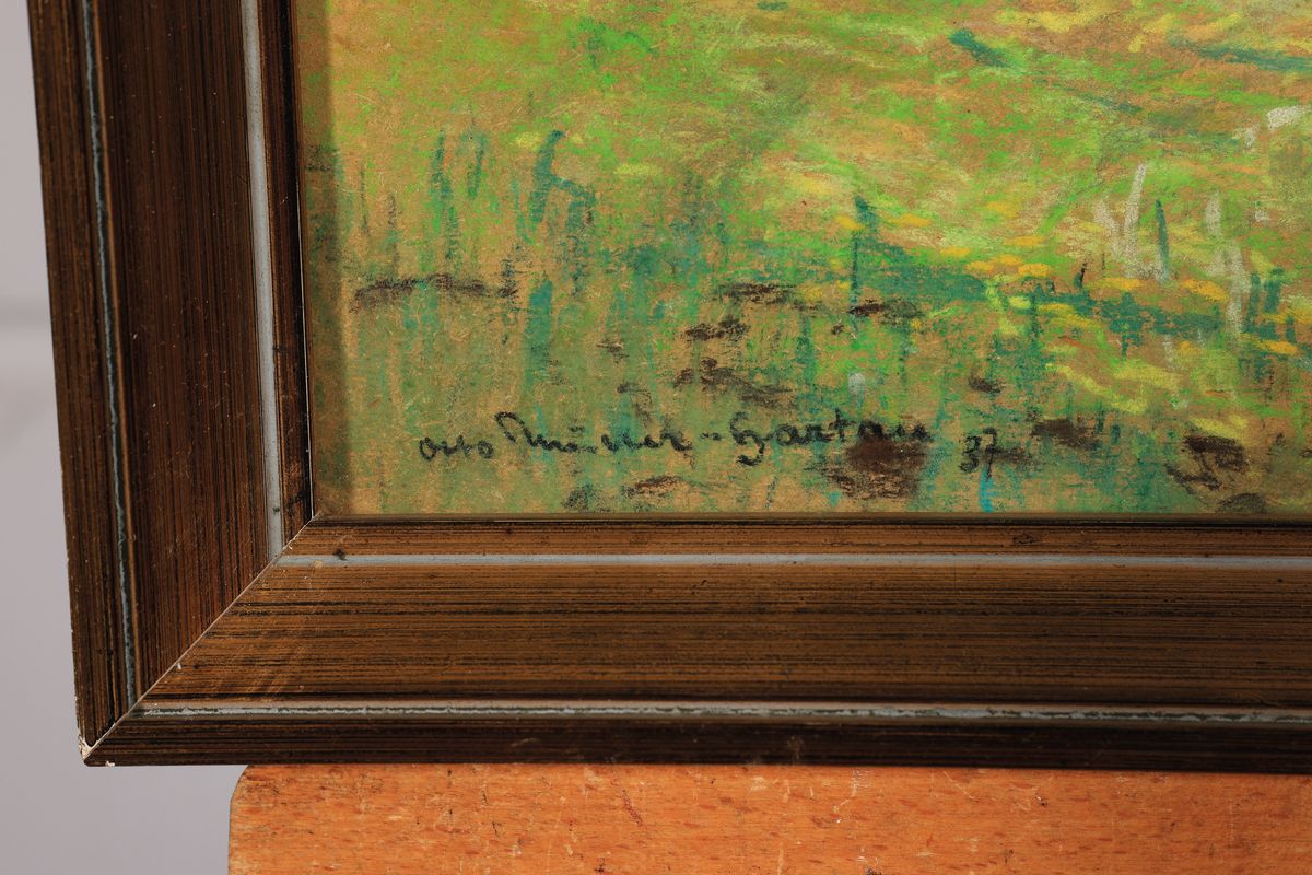 Detail a: Otto Müller-Hartau, 1898 Hausdorf-1969 Sylt, "Seehäusle" Titisee Schwarzwald, so rückseitig betitelt, Pastell auf Papier, links unten ...