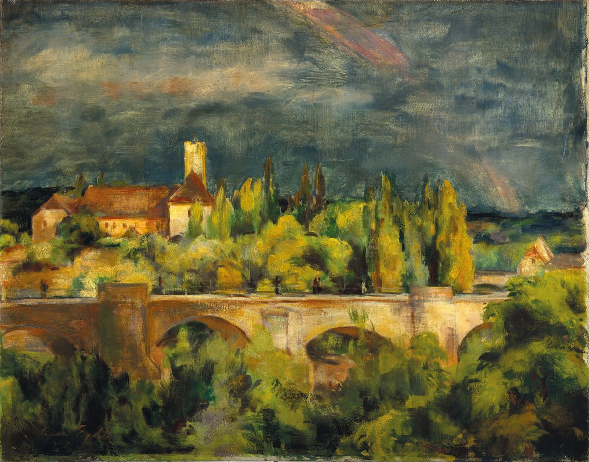 Willy Egler, 1887 Bad Rappenau-1953 Karlsruhe, Landschaft mit Brücke und Regenbogen, Öl/Lwd, links unten signiert, ca. 67x85cm