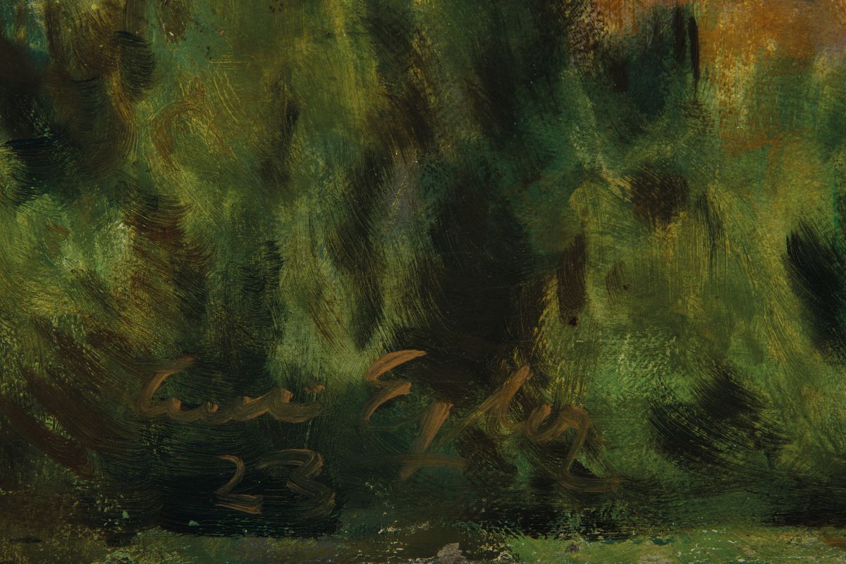 Detail a: Willy Egler, 1887 Bad Rappenau-1953 Karlsruhe, Landschaft mit Brücke und Regenbogen, Öl/Lwd, links unten signiert, ca. 67x85cm