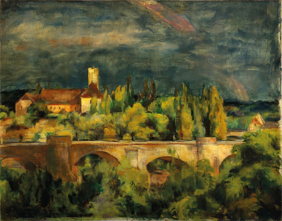 Detail k: Willy Egler, 1887 Bad Rappenau-1953 Karlsruhe, Landschaft mit Brücke und Regenbogen, Öl/Lwd, links unten signiert, ca. 67x85cm