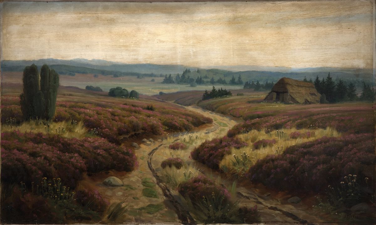 Jan Fokken, 1882-1962 Bremen, Landschaft in der blühenden Heide, Öl/Lwd, rechts unten signiert, ca. 80x134cm, rückseitig bez.: auf der ...