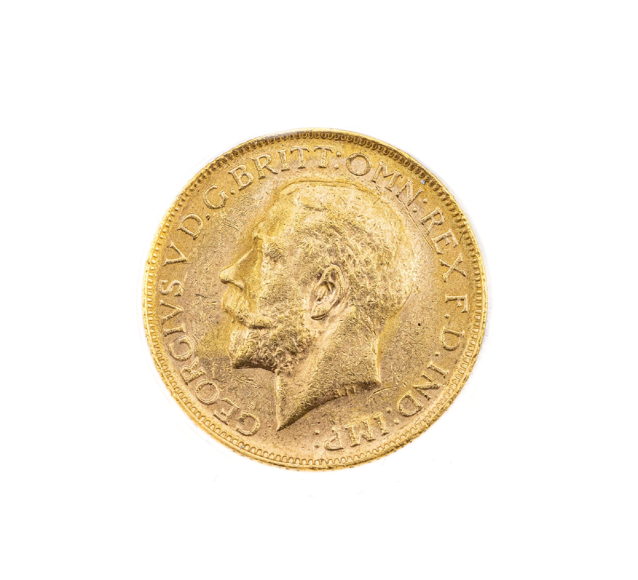 Goldmünze Sovereign, Großbritannien 1918, Georg V., RV: Heiliger Georg hoch zu Ross im Kampf mit dem Drachen, in Münzkapsel, Etui mitZertifikat