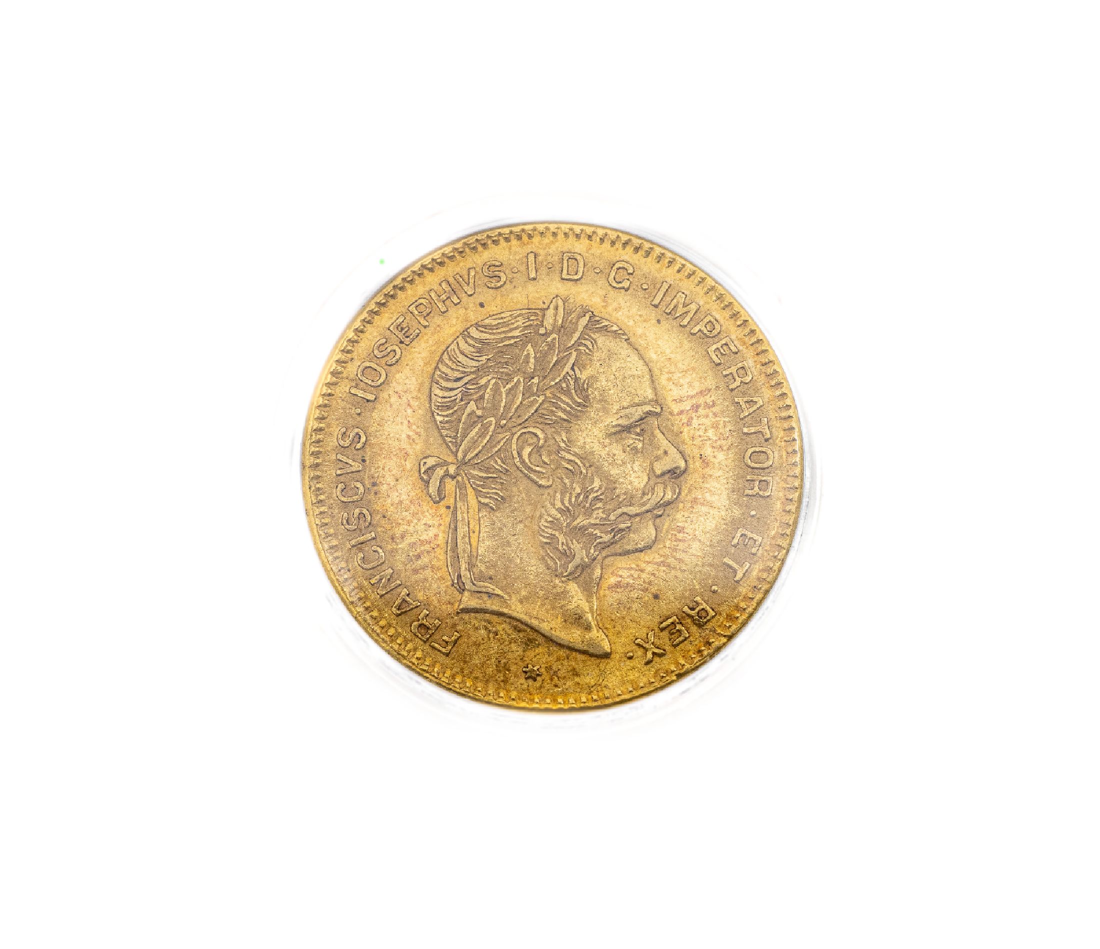 Goldmünze, 4 Florin 10 Franken, Österreich -Ungarn, 1885, Franz Joseph I., in Münzkapsel