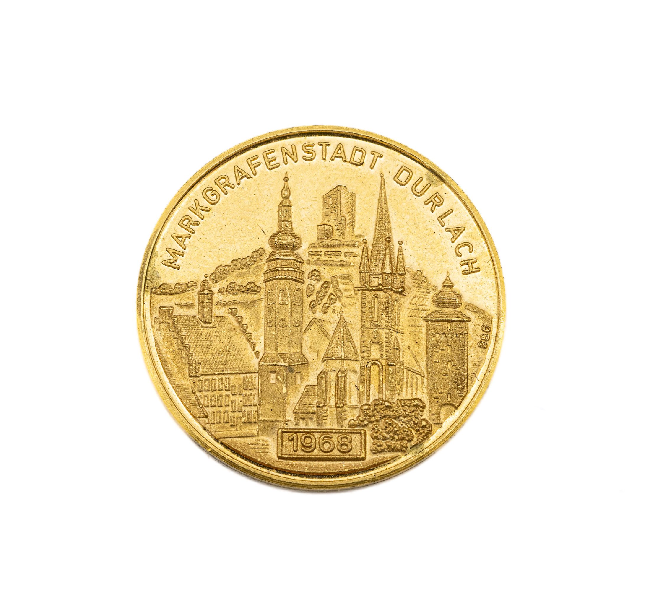Goldmedaille Durlach, 986er Gold, AV: Stadtansicht auf Markgrafenstadt Durlach, RV: Städtisches Siegel der Stadt Durlach 1788, Lateinische ...