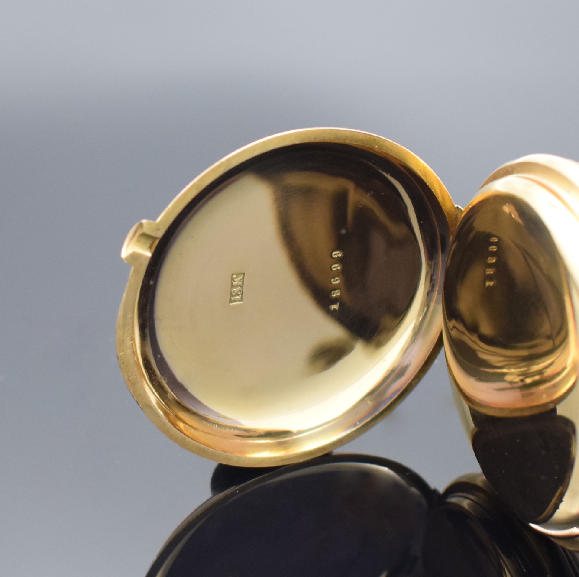 Detail d: A. LANGE & SÖHNE / E. KUTTER Stuttgart 1A Savonette Herrentaschenuhr in GG 750/000, Deutschland um 1885, schweres 3 Deckel- Goldgeh. mit a-goutte ...