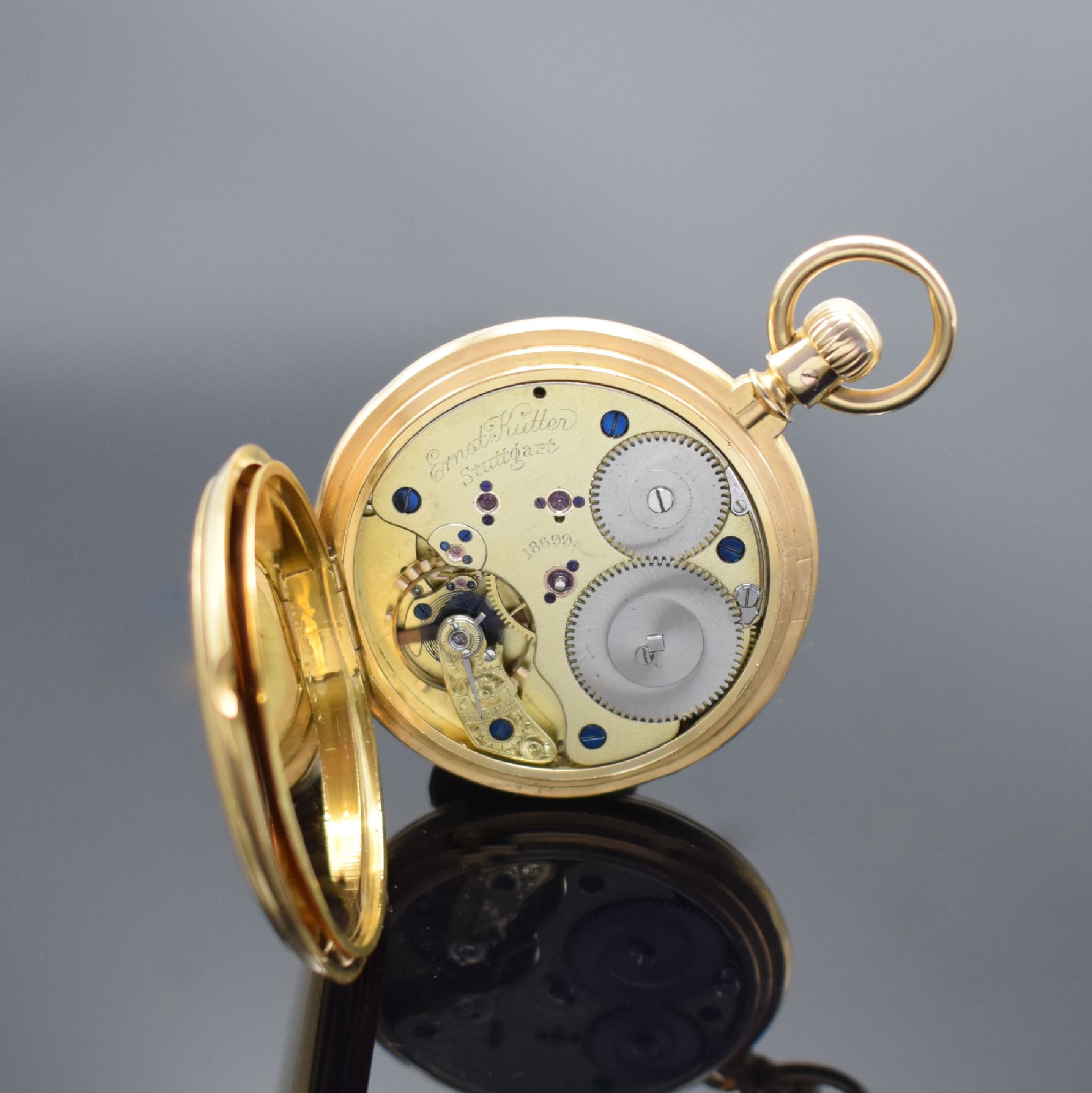 Detail g: A. LANGE & SÖHNE / E. KUTTER Stuttgart 1A Savonette Herrentaschenuhr in GG 750/000, Deutschland um 1885, schweres 3 Deckel- Goldgeh. mit a-goutte ...