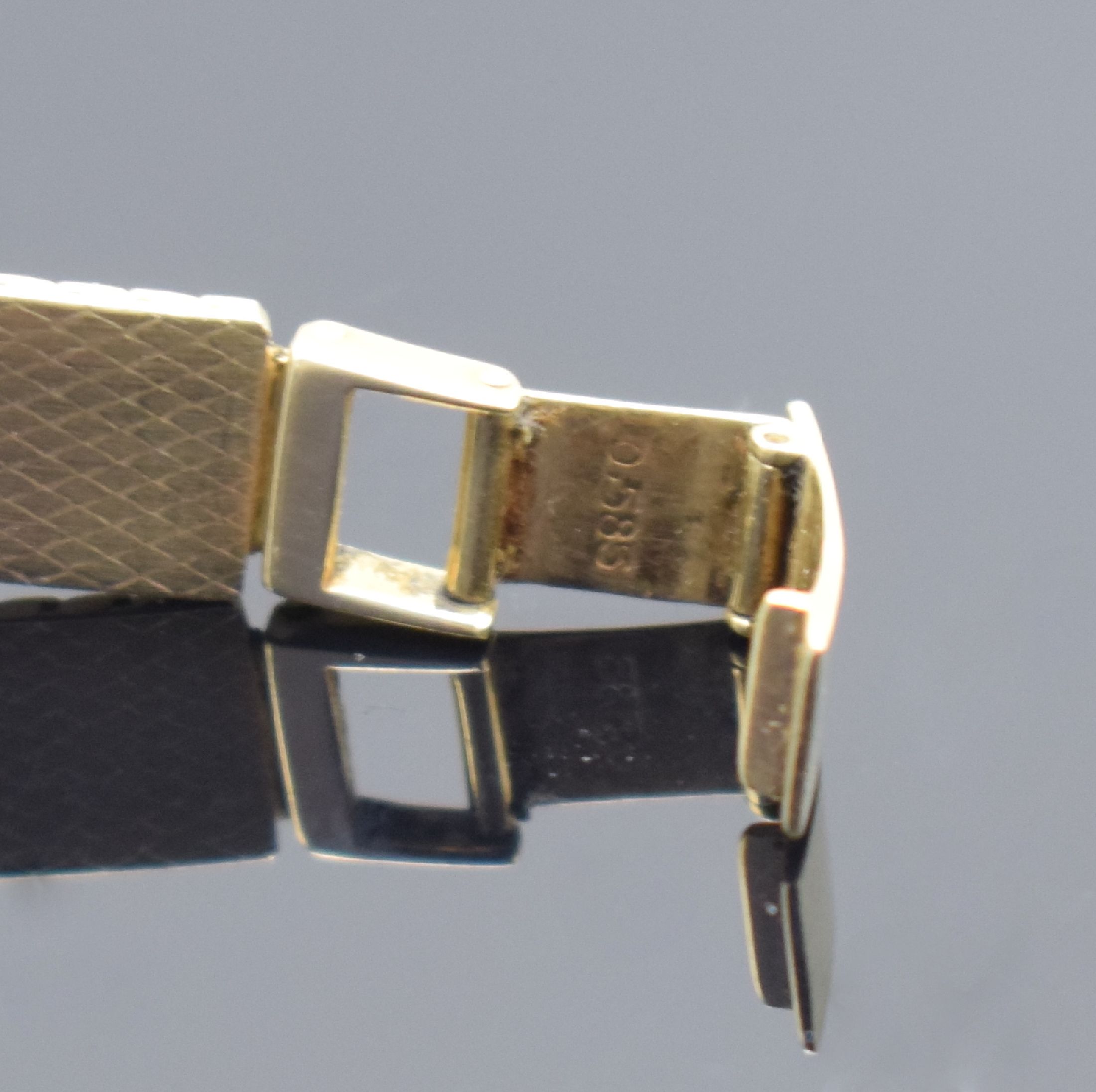 Detail b: STOWA Damenarmbanduhr in GG 585/000, Schweiz um 1965, Handaufzug, 2-teil. Geh., Boden aufgedr., Milanaiseband, gold. Zifferbl. m. aufges. Std.-Ind., ...
