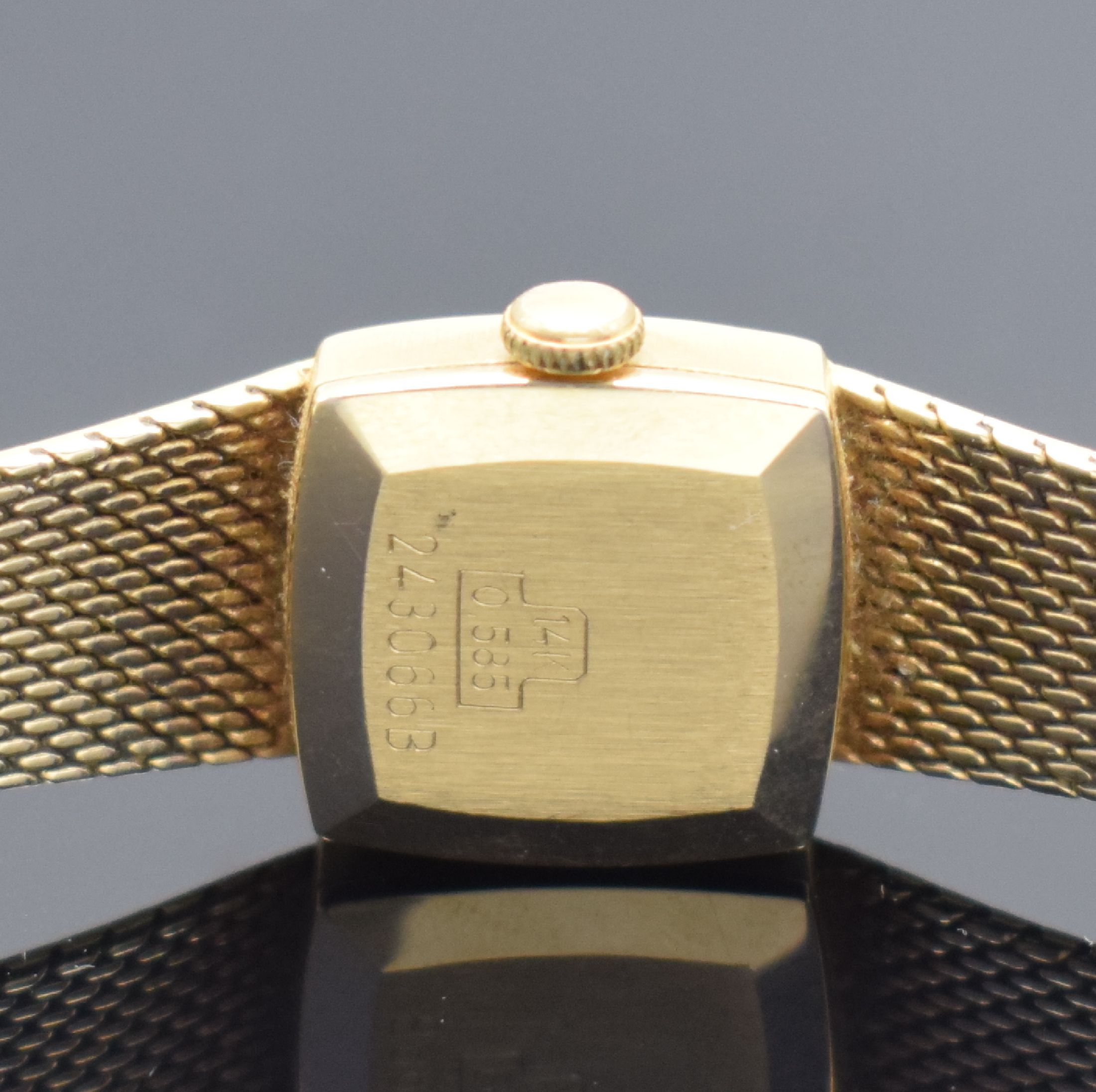 Detail c: STOWA Damenarmbanduhr in GG 585/000, Schweiz um 1965, Handaufzug, 2-teil. Geh., Boden aufgedr., Milanaiseband, gold. Zifferbl. m. aufges. Std.-Ind., ...