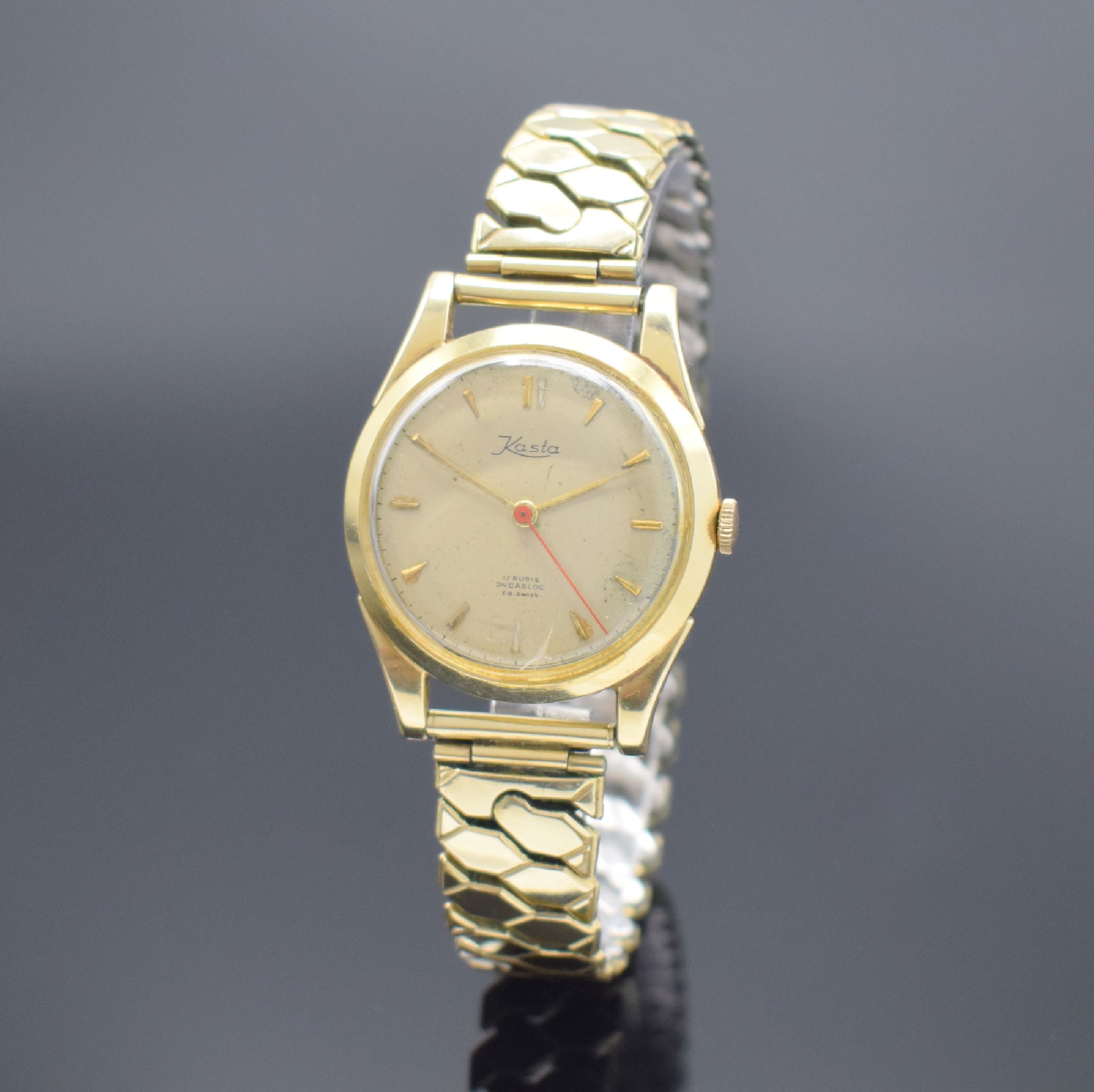 KASTA Herrenarmbanduhr in GG 585/000, Schweiz um 1955, Handaufzug, 2-teil. Gehäuse, Boden aufgedr., verg. Elasto-Fixo Band später, pat. Zifferbl. ...