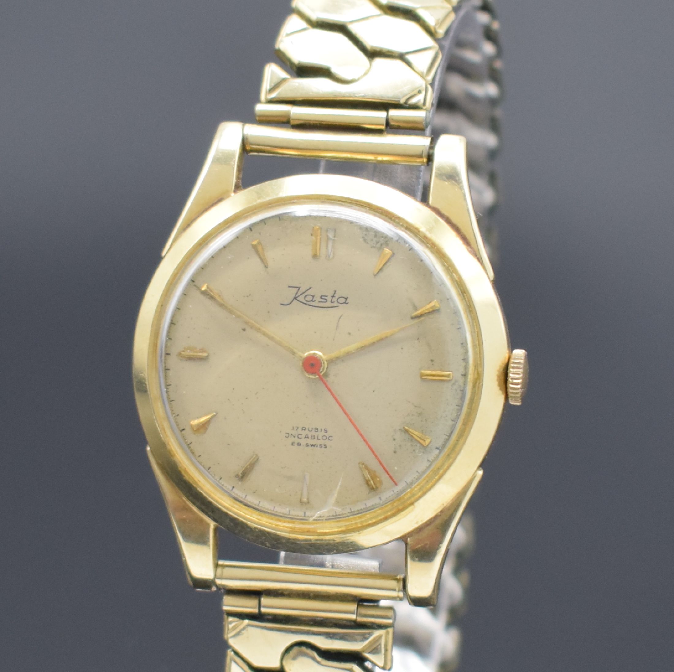 Detail a: KASTA Herrenarmbanduhr in GG 585/000, Schweiz um 1955, Handaufzug, 2-teil. Gehäuse, Boden aufgedr., verg. Elasto-Fixo Band später, pat. Zifferbl. ...