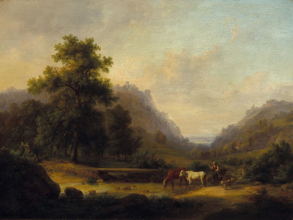 Philipp Janz, 1813-1885 Mainz, Studium an den Akademien Düsseldorf und München, hier: Landschaft mit Hirte, Kühen und Schafen, Öl/Holz, rechts ...