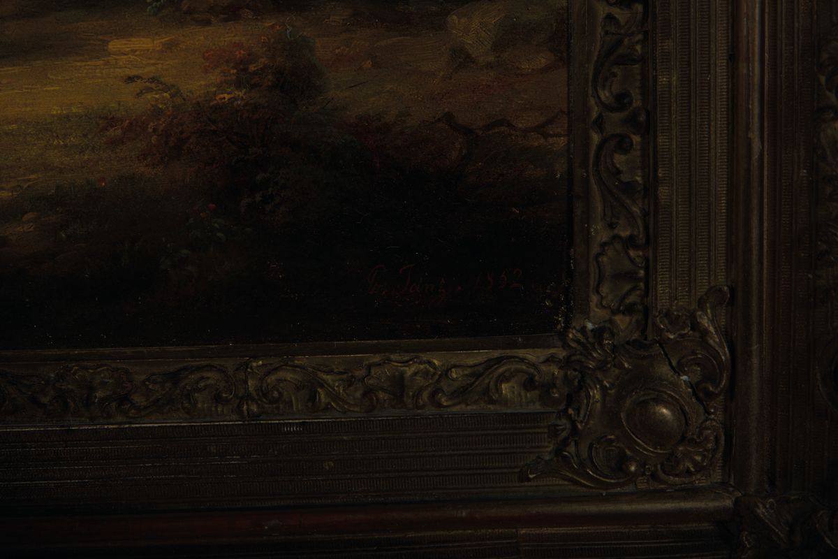 Detail a: Philipp Janz, 1813-1885 Mainz, Studium an den Akademien Düsseldorf und München, hier: Landschaft mit Hirte, Kühen und Schafen, Öl/Holz, rechts ...