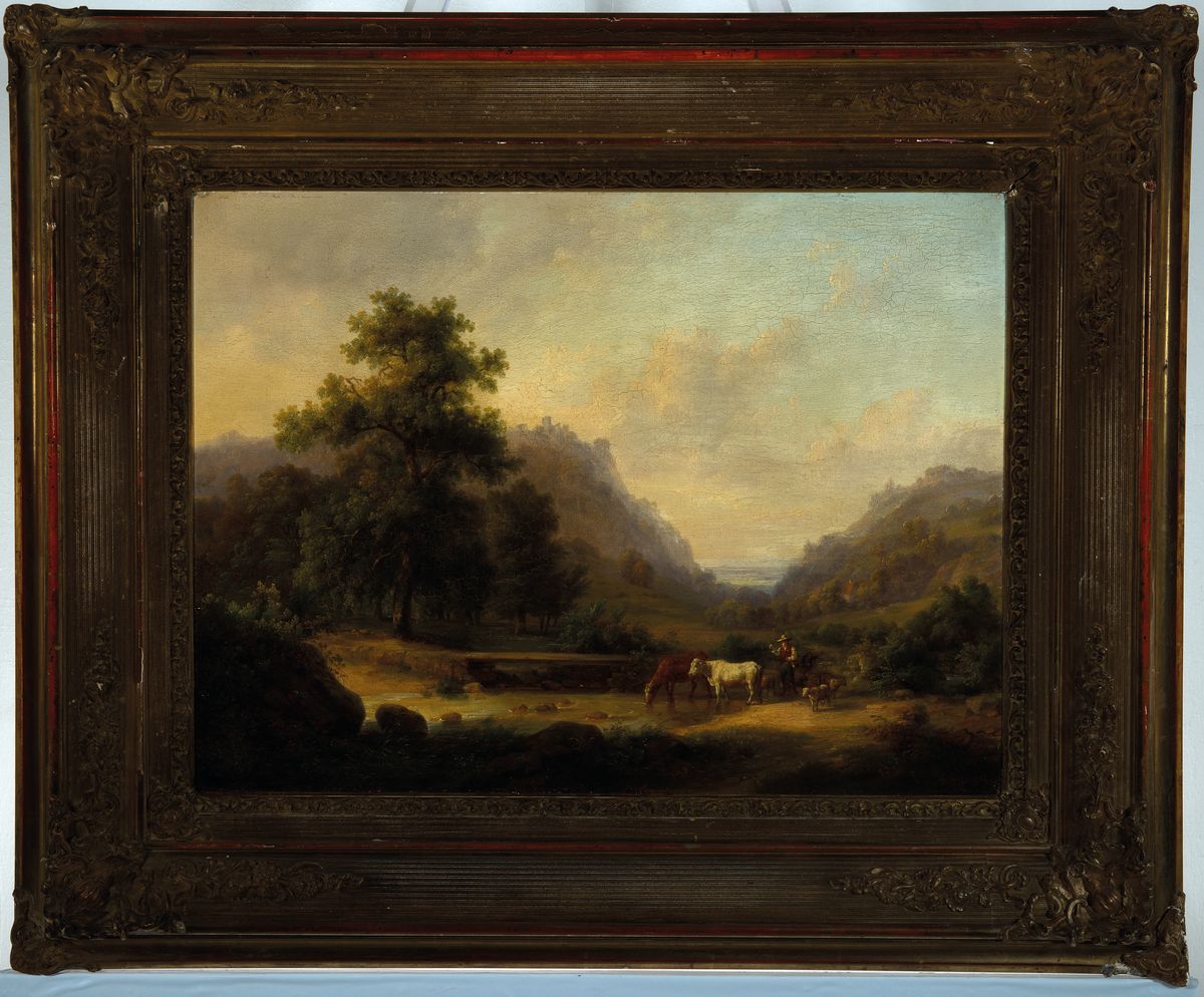 Detail k: Philipp Janz, 1813-1885 Mainz, Studium an den Akademien Düsseldorf und München, hier: Landschaft mit Hirte, Kühen und Schafen, Öl/Holz, rechts ...