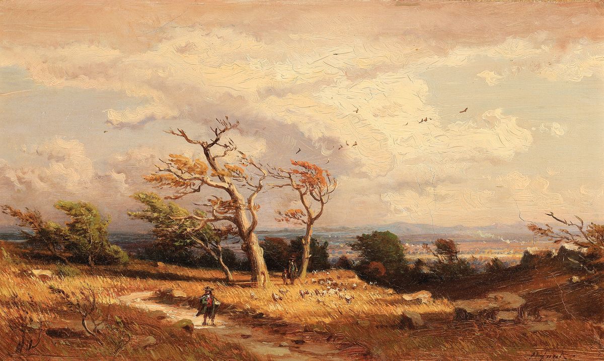 Heinrich Funk, 1807 Herford-1877 Stuttgart, Studium an der Akademie Düsseldorf bei Lessing und Schirmer, hier: Aufziehendes Gewitter in der Eifel, ...