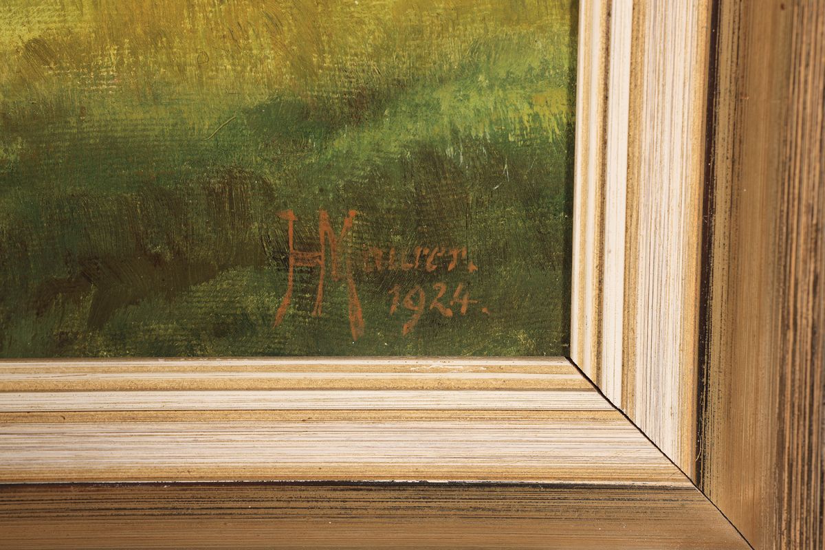 Detail a: Hermann Maurer, 1861 Quirnbach-1934 Landau/Pfalz, ausgebildeter Maler und 1900- 1931 Pfarrer in Annweiler, hier: Blick über einen Bach auf ein Dorf, ...