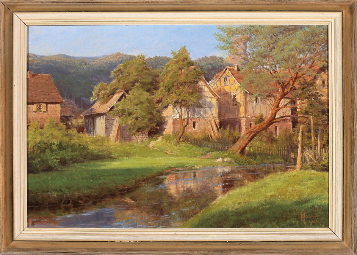 Detail k: Hermann Maurer, 1861 Quirnbach-1934 Landau/Pfalz, ausgebildeter Maler und 1900- 1931 Pfarrer in Annweiler, hier: Blick über einen Bach auf ein Dorf, ...