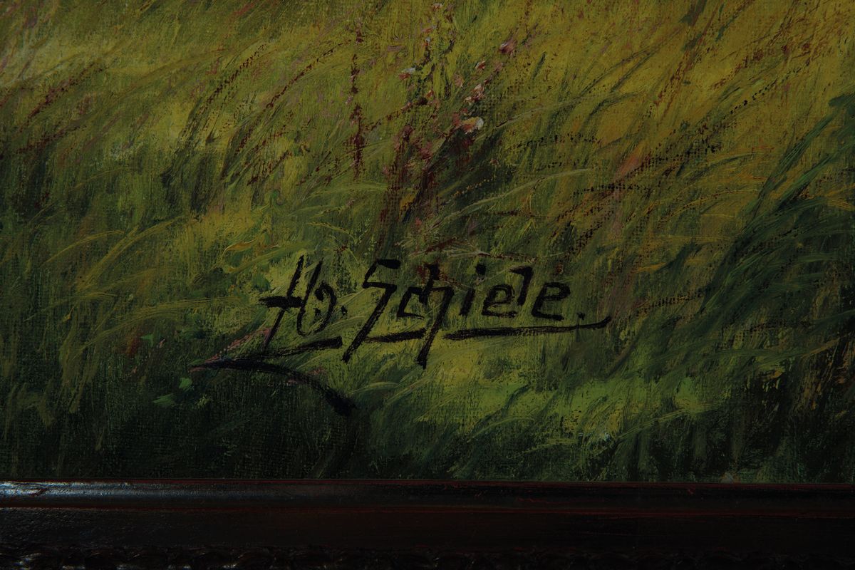 Detail a: H.O. Schiele, Maler der Dresdener Schule, spätes 19. Jh.-bis Anfang 20. Jh., hier: Junge Frau am Ufer eines Bergsees, Öl/Lwd, links unten signiert, ...