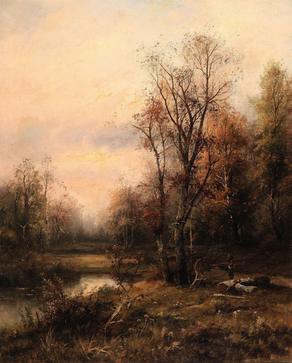 J. Rollins, Pseudonym des Karl Kaufmann, 1843-1902/05, Reisigsammlerin am Waldrand bei Sonnenuntergang, Öl/Lwd, rest., doubl., Keilrahmen erneuert, ...