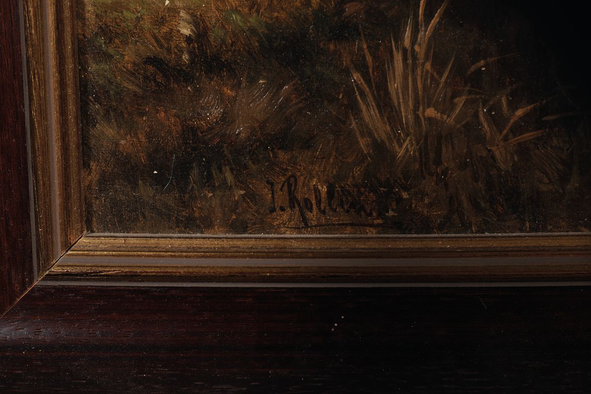 Detail a: J. Rollins, Pseudonym des Karl Kaufmann, 1843-1902/05, Reisigsammlerin am Waldrand bei Sonnenuntergang, Öl/Lwd, rest., doubl., Keilrahmen erneuert, ...