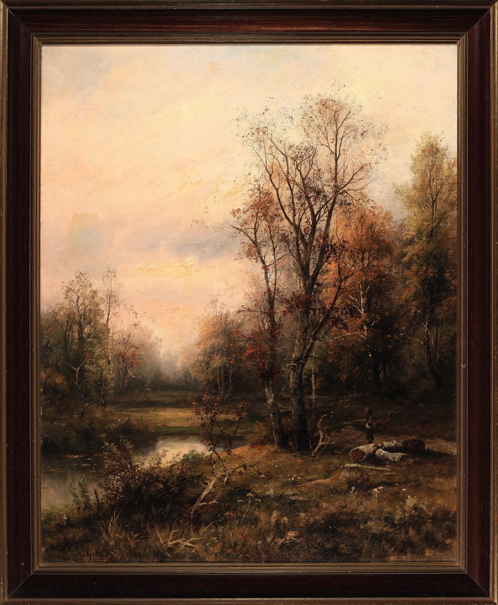 Detail k: J. Rollins, Pseudonym des Karl Kaufmann, 1843-1902/05, Reisigsammlerin am Waldrand bei Sonnenuntergang, Öl/Lwd, rest., doubl., Keilrahmen erneuert, ...