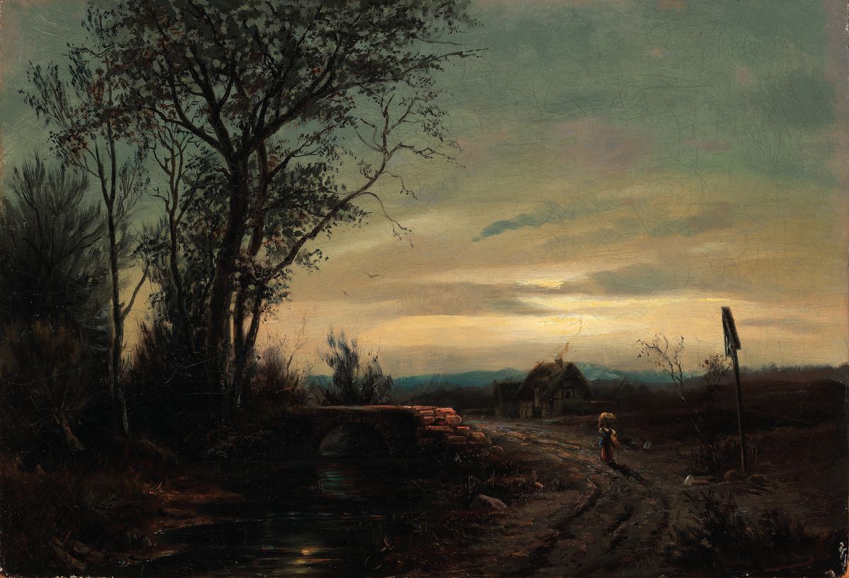 G. Sang o.ä., datiert (18)83, Bäuerin auf dem Heimweg zum Bauernhaus, Abendstimmung, links ein Bachlauf mit Brücke, Öl/Lwd, rechts unten ...